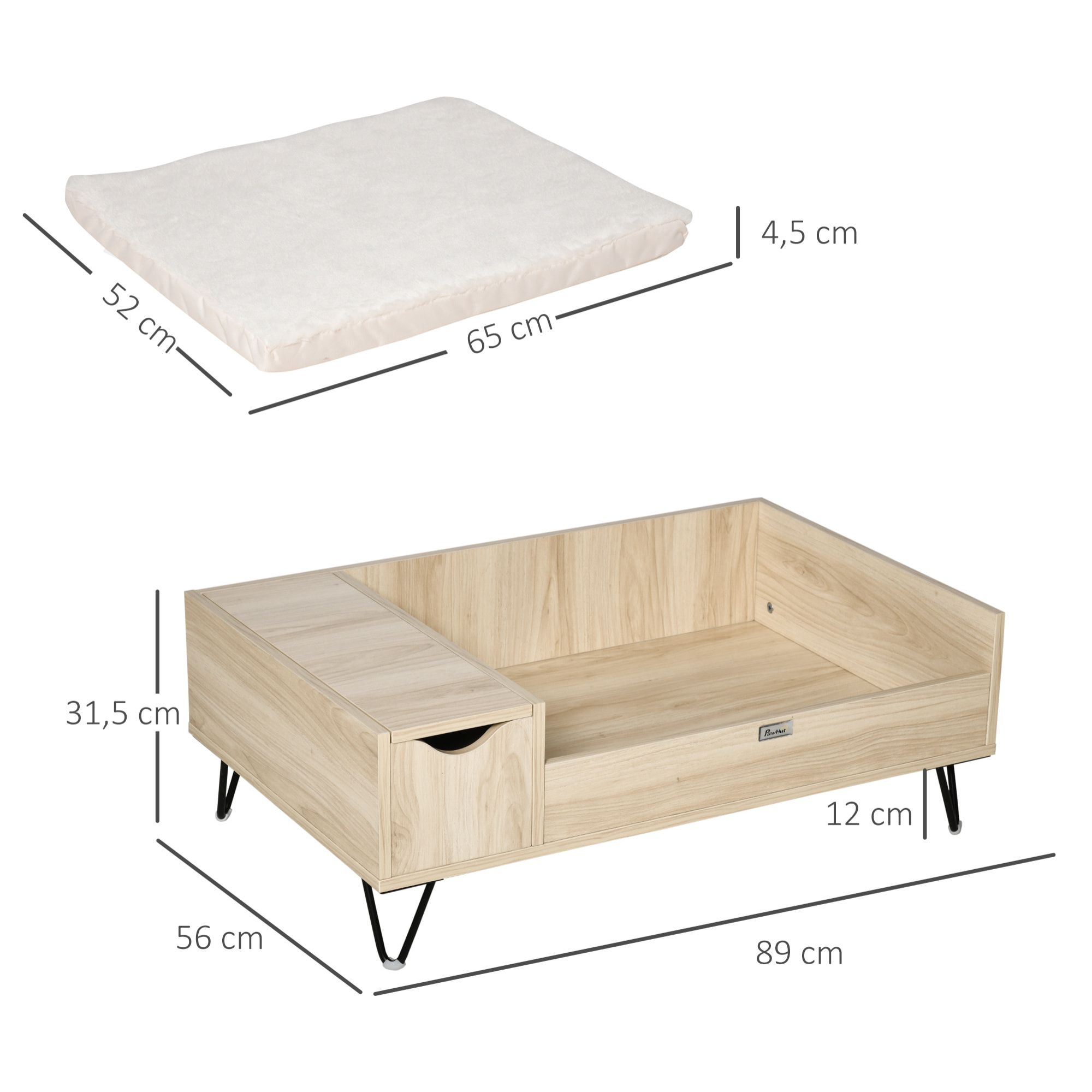 Canapé chien chat style cosy naturel - coussin aspect fourrure blanc et coffre inclus - dim. 89L x 56l x 31H cm - pieds acier en épingles lit MDF aspect bois clair naturel