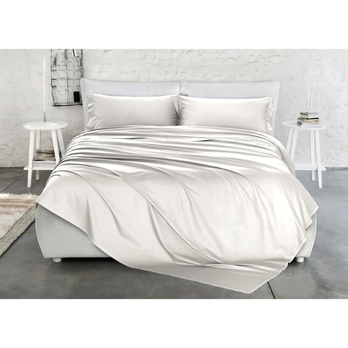 Completo Lenzuola In 100% Raso Cotone Tinta Unita Bianco Misura Letto Matrimoniale