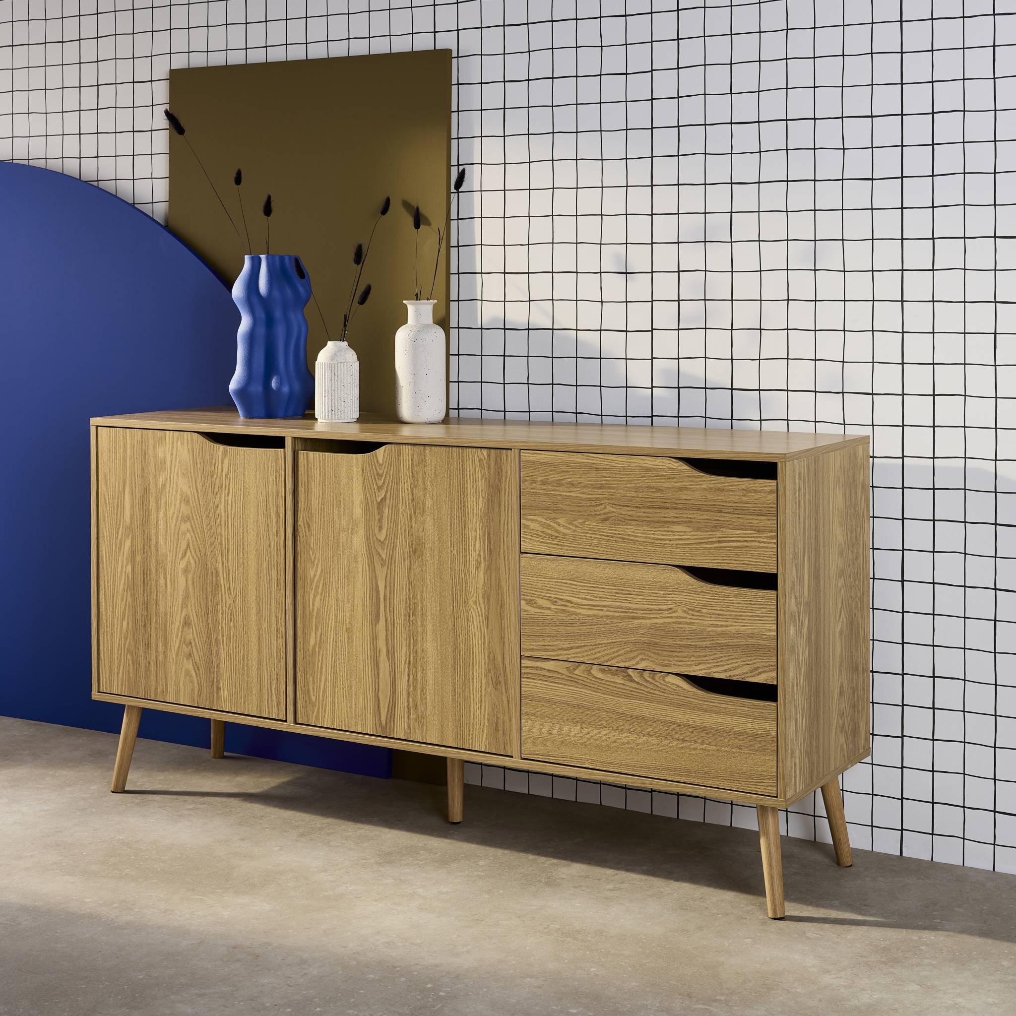 Buffet de rangement scandinave. buffet haut. vaisselier. 2 portes. 3 tiroirs. effet frêne. 160cm