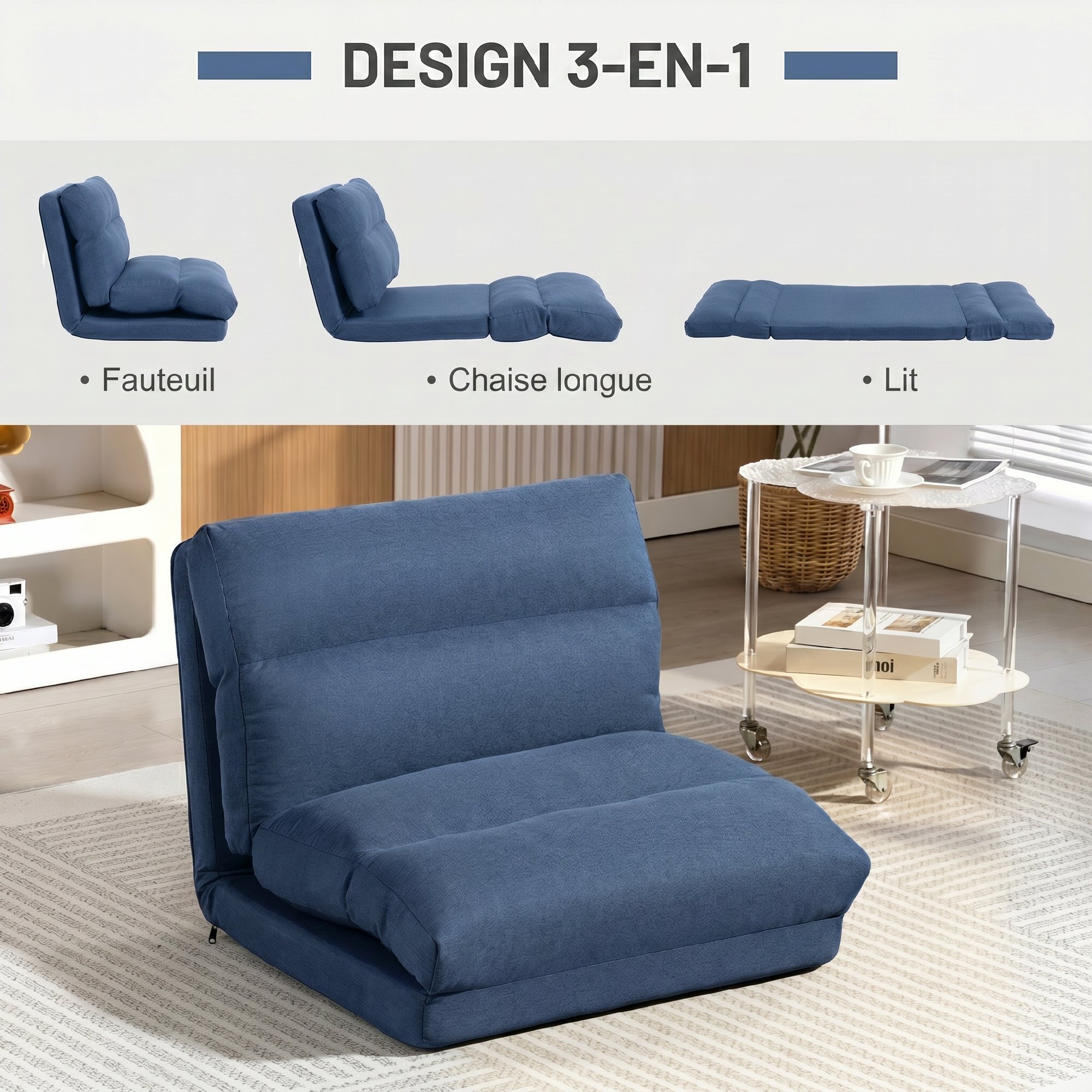 Fauteuil convertible fauteuil paresseux grand confort inclinaison dossier multipositions 90°-180° tissu bleu