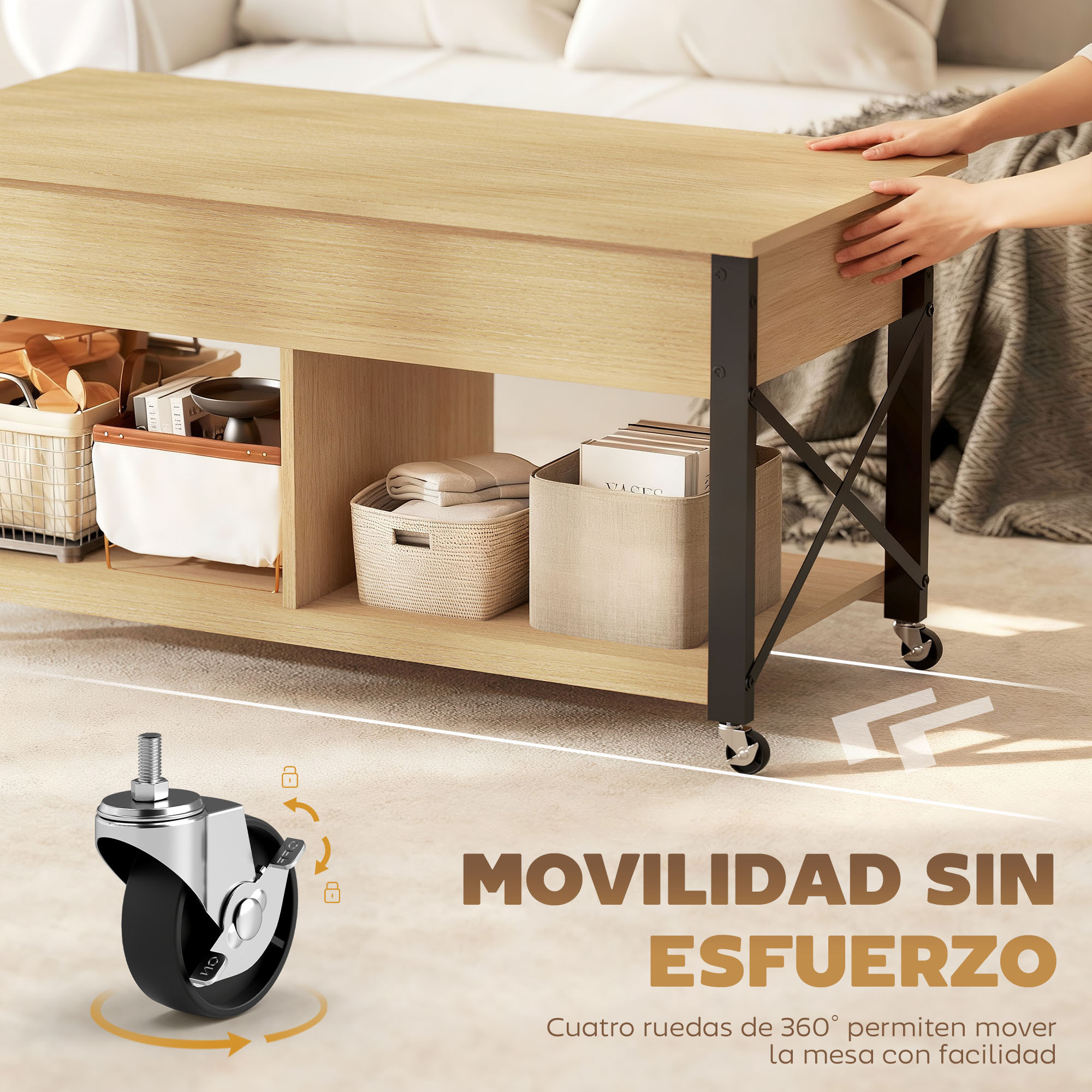 Mesa de Centro Elevable con Ruedas, Mesita de Salón con Compartimento Oculto, Estantes Abiertos, Mesa de Café para Comedor, Oficina, 105x50x67 cm, Madera Natural y Blanco