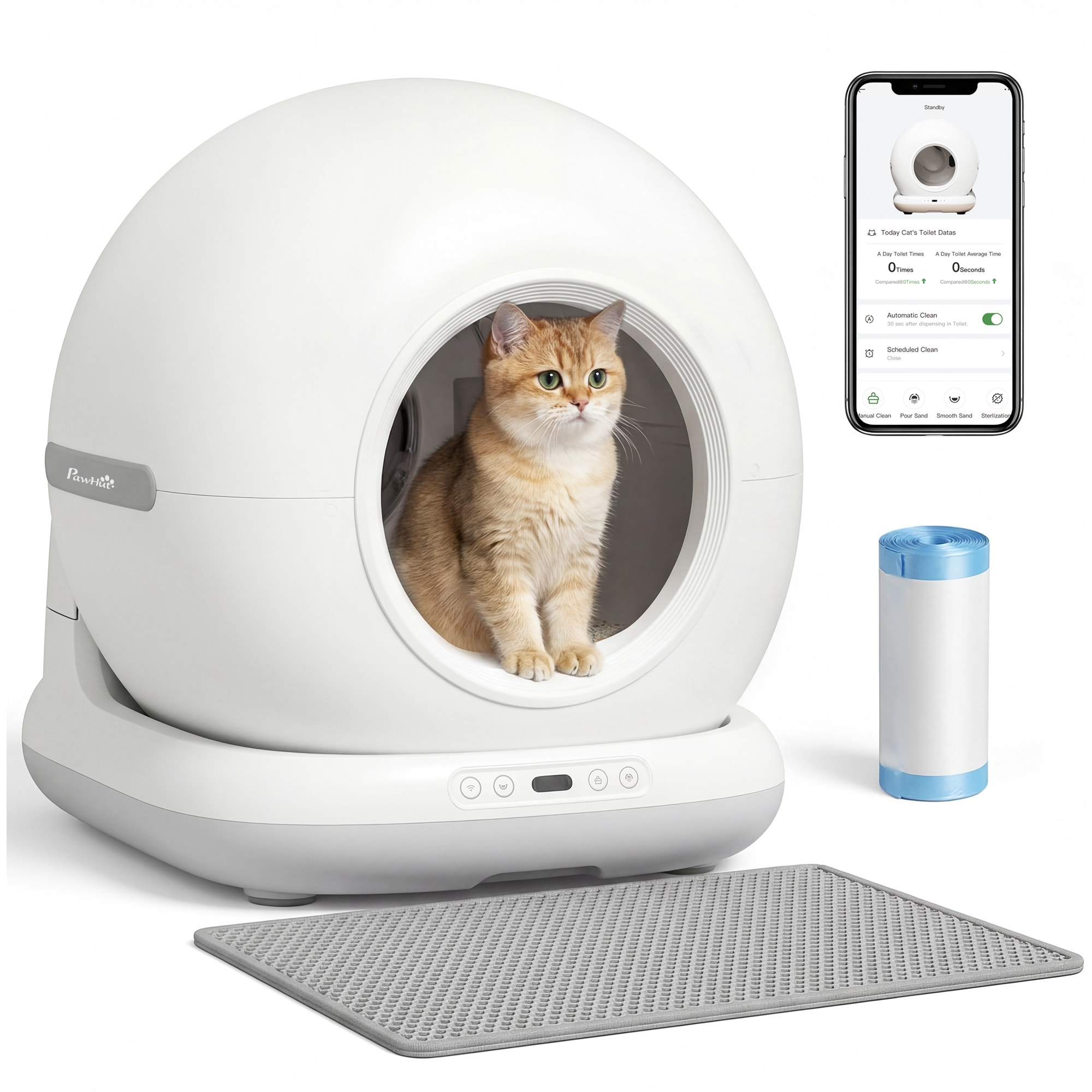 Arenero Gatos Autolimpiable 72L, Extragrande, Arenero Autolimpiable, Control por APP, Control de Olores y Ruido, Sensores de Seguridad, Gel Desodorante, Alfombrilla y Bolsas de Basura