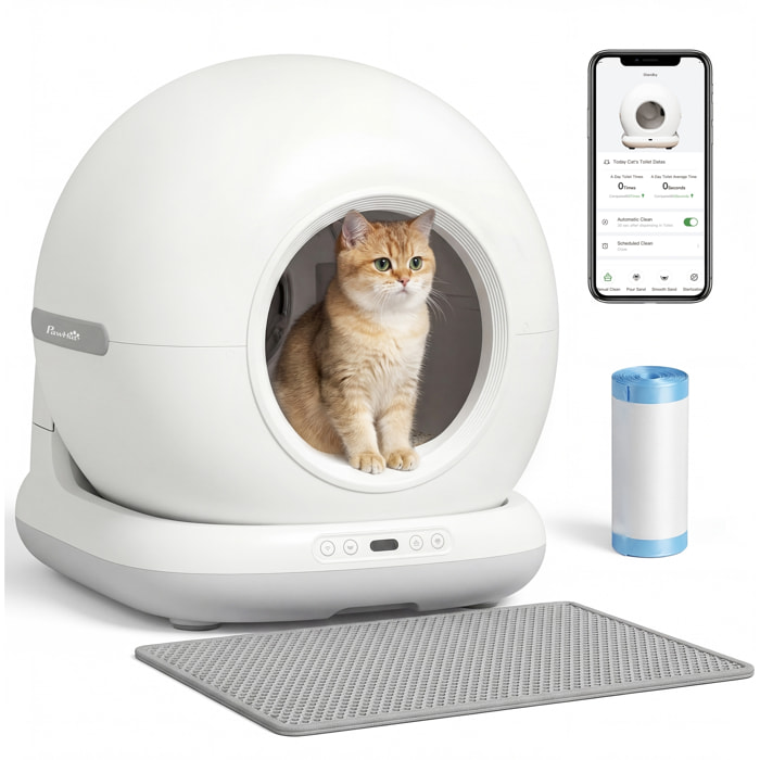 Arenero Gatos Autolimpiable 72L, Extragrande, Arenero Autolimpiable, Control por APP, Control de Olores y Ruido, Sensores de Seguridad, Gel Desodorante, Alfombrilla y Bolsas de Basura