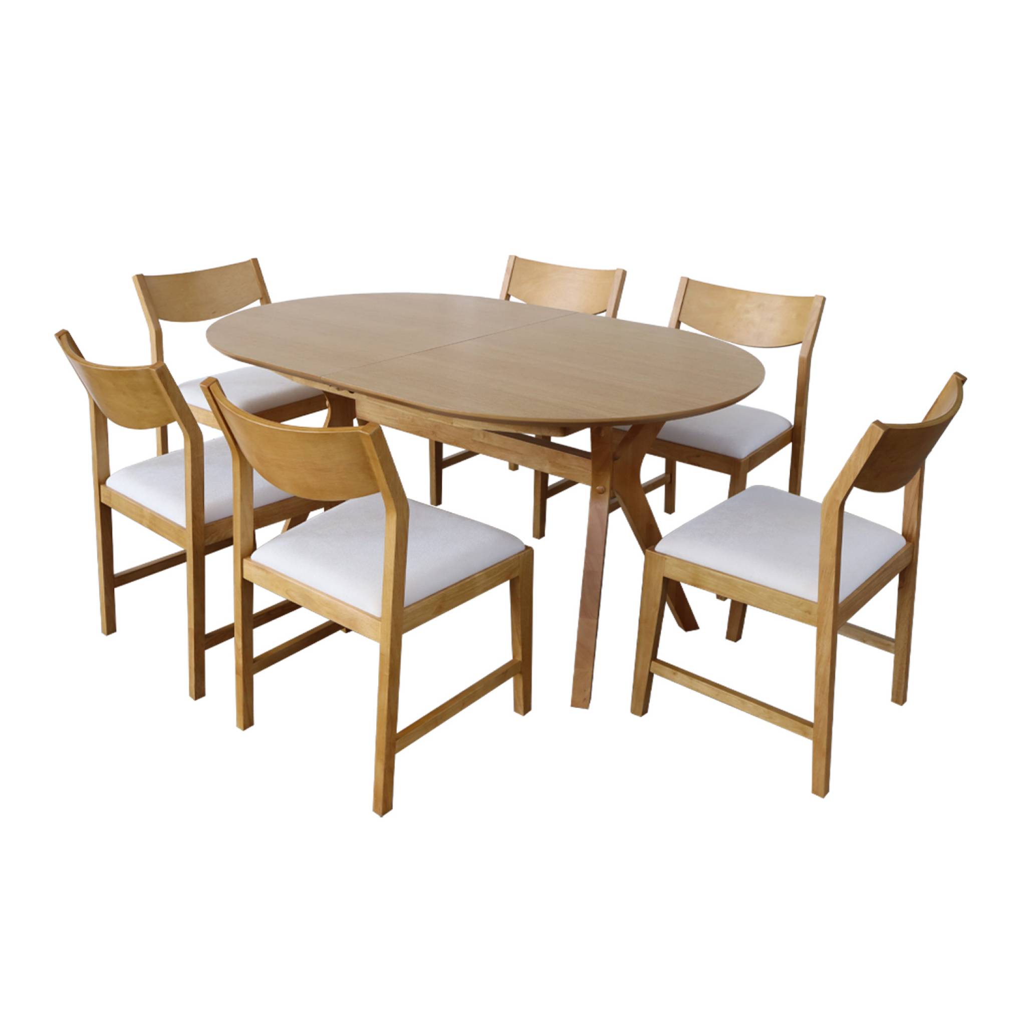 Table à manger oblongue extensible. 160-200cm + 6 chaises en bois d'hévéa et tissu beige