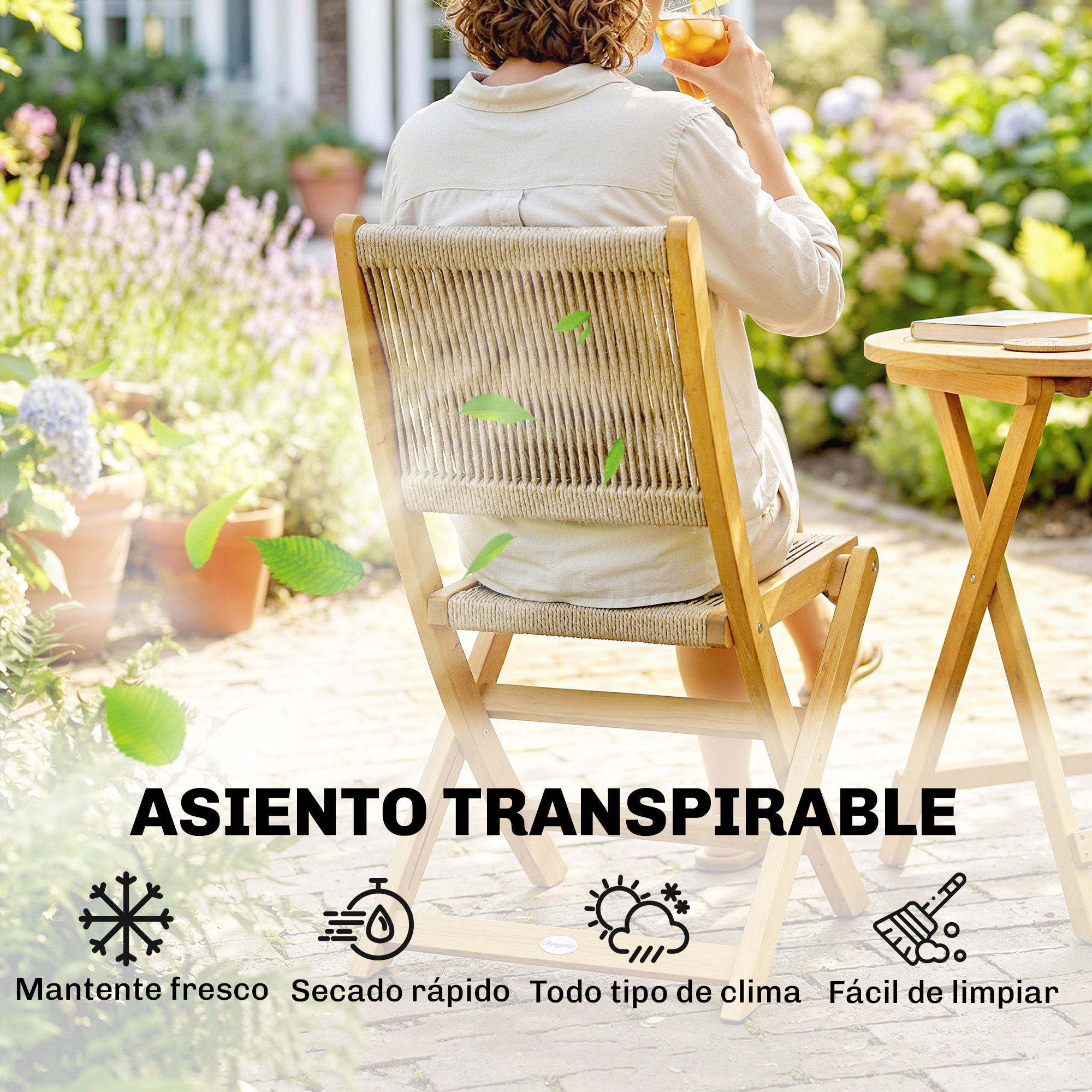 Conjunto de Mesa y Sillas de Terraza Exterior de Madera 3 Piezas, Muebles de Jardín Exterior con 2 Sillas Plegables, Asiento Respaldo de Cuerda PP, Mesa Redonda para Patio, Balcón, Natural