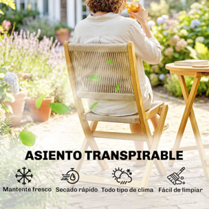 Conjunto de Mesa y Sillas de Terraza Exterior de Madera 3 Piezas, Muebles de Jardín Exterior con 2 Sillas Plegables, Asiento Respaldo de Cuerda PP, Mesa Redonda para Patio, Balcón, Natural