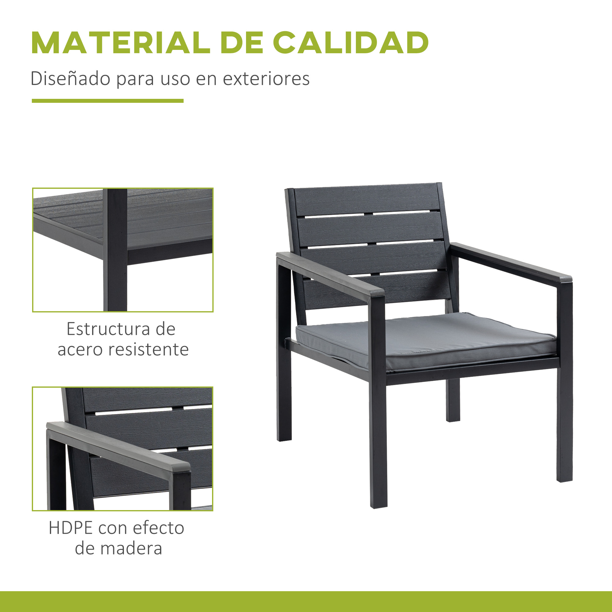 Conjunto de Muebles de Jardín 4 Piezas Mesa de Centro Banco de 2 Plazas y 2 Sillas con Cojines Desenfundables y Marco de Acero para Terraza Exterior 113x65x78 cm Gris