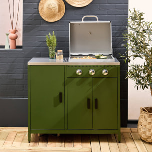 Barbecue gaz 3 brûleurs. vert. 3 portes et 2 espaces de rangement