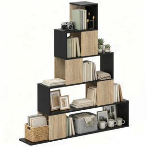Bibliothèque géométrique pyramidale 5 niveaux effet bois naturel noir