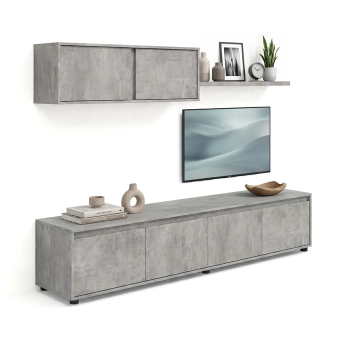 Salón con mueble de TV y estantería en gris cemento 200 cm Arlet Gris cemento