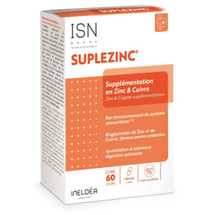 Ineldea Sante Naturelle - SUPLEZINC - Maintien du bon fonctionnement immunitaire - Action antioxydante - Bisglycinates de Zinc et de Cuivre - 1 gélule/jour - Cure 2 mois