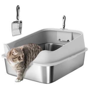 Arenero para Gatos de Acero Inoxidable XXL Caja de Arena para Gatos Arenero con Borde Alto Pala Fácil de Limpiar Prueba de Fugas 70x50x30 cm Gris
