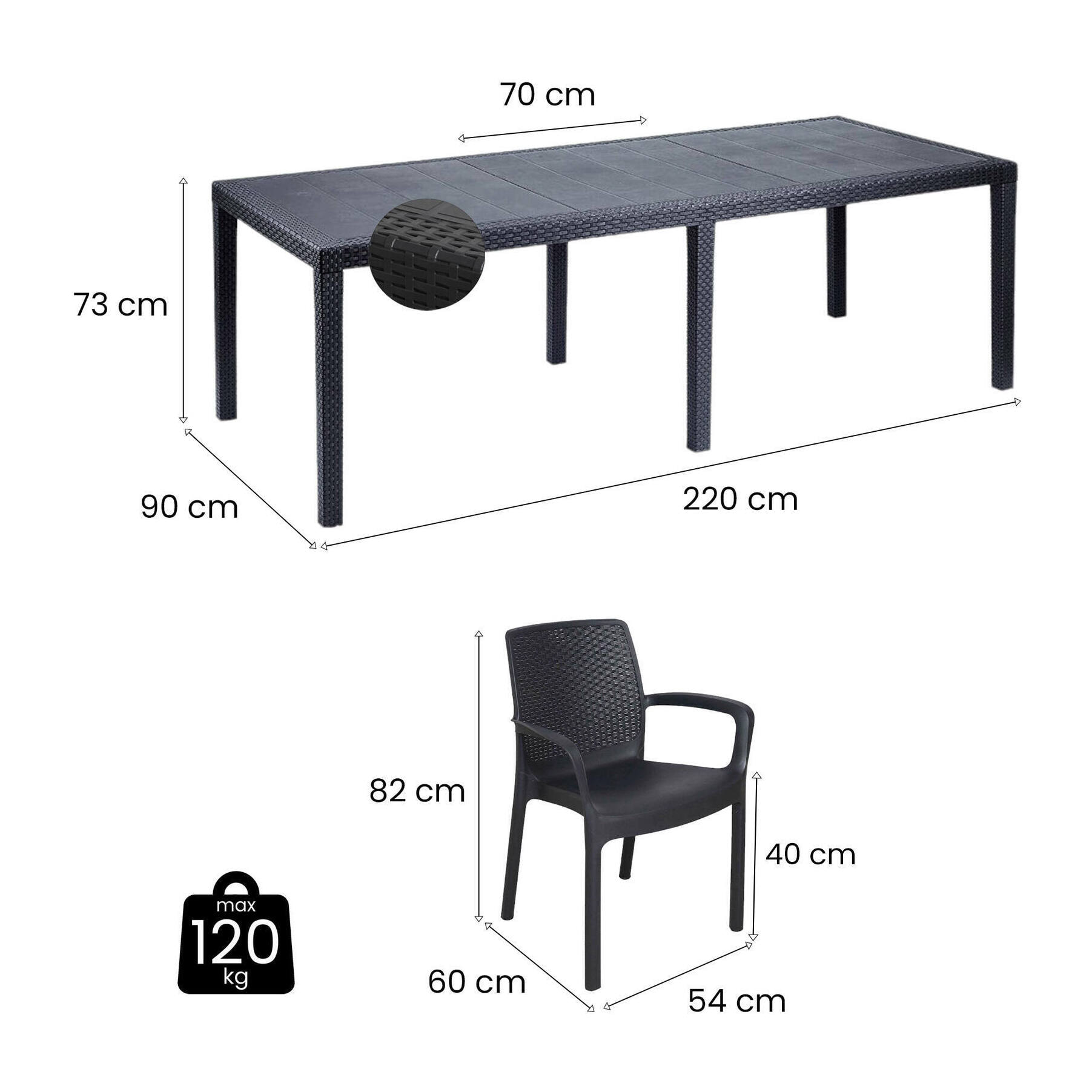 Set salotto da esterno Arret, Salottino outdoor, Tavolo rettangolare allungabile con 8 sedie con braccioli, Made in Italy, Antracite