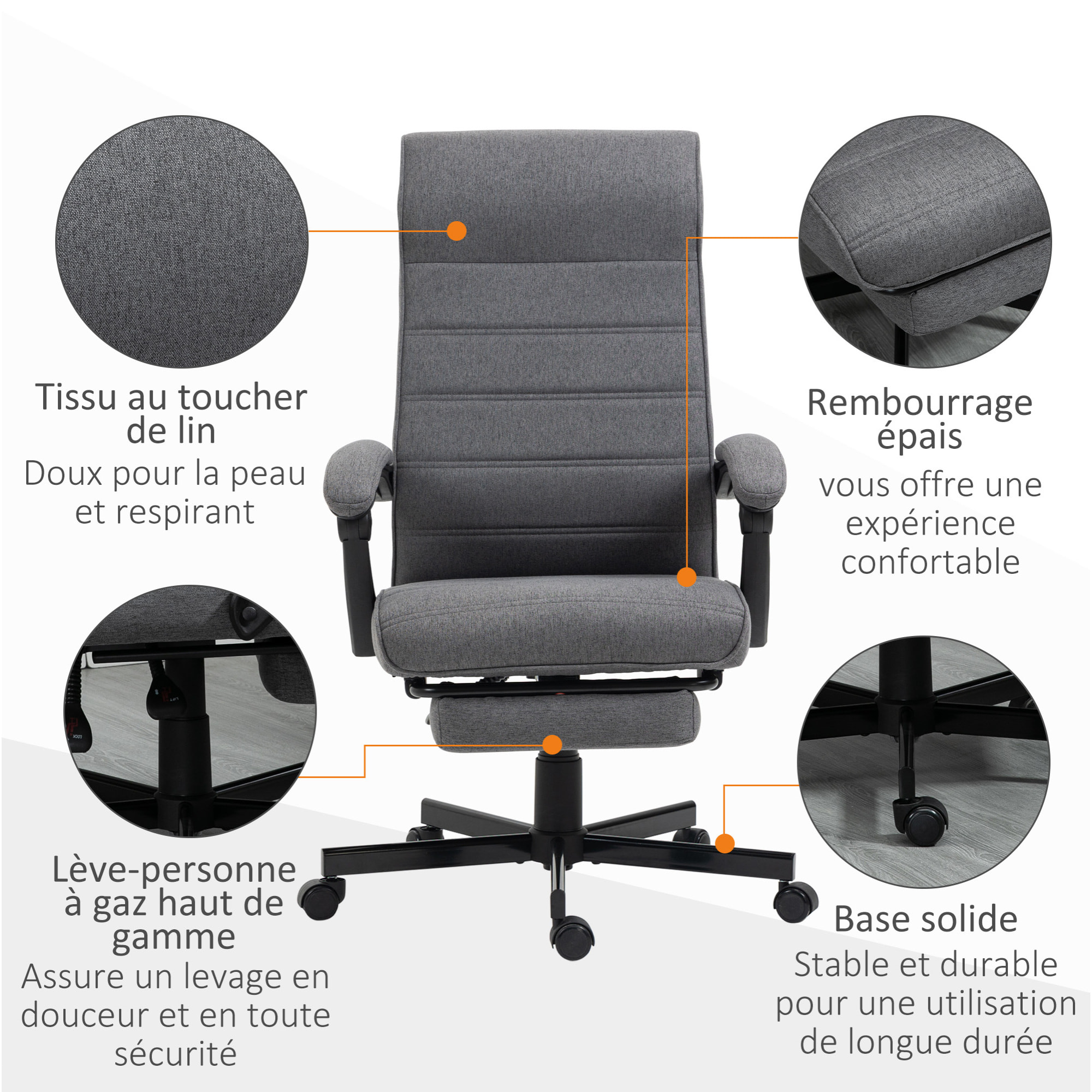 Chaise de bureau manager ergonomique inclinable réglable repose-pied rétractable tissu gris