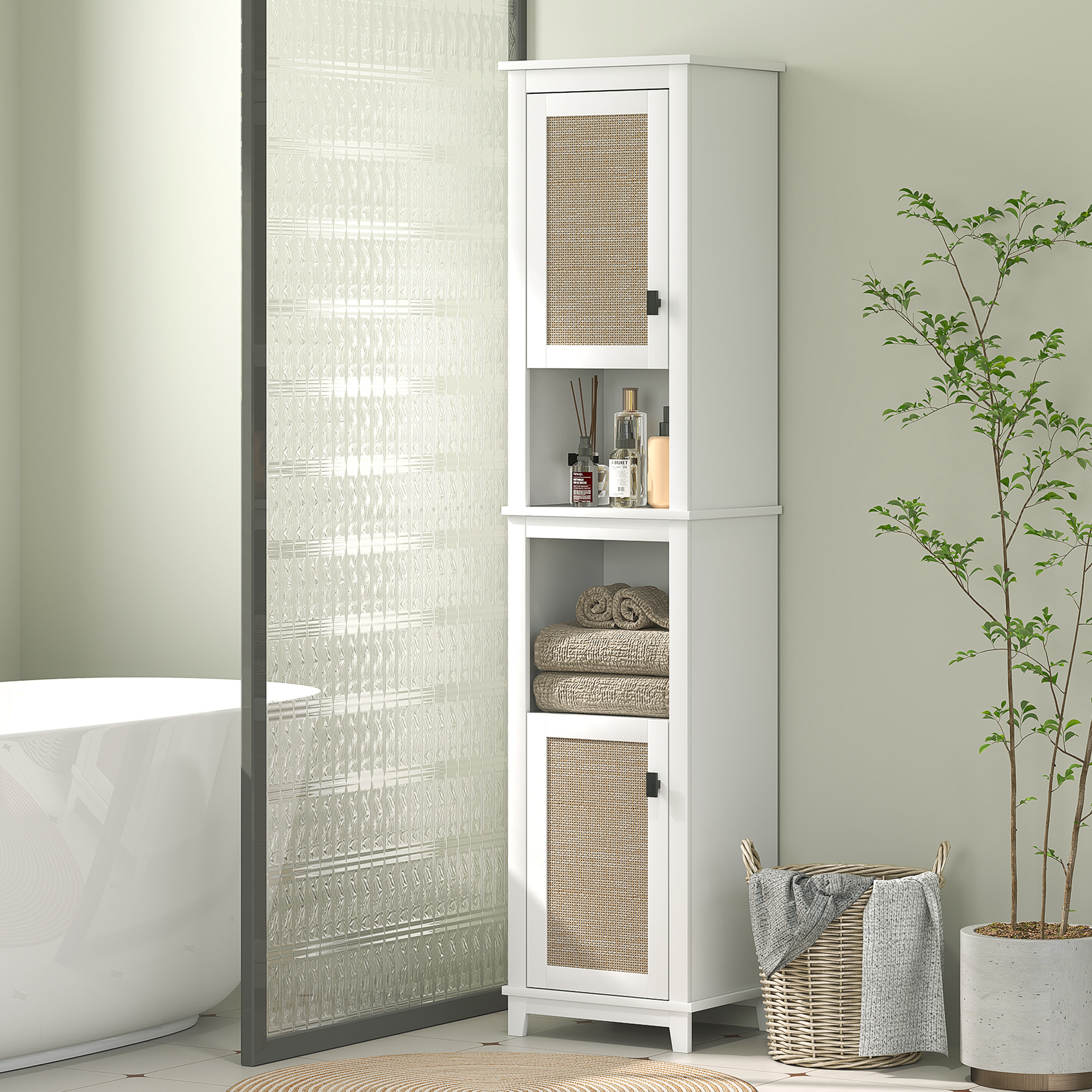 Columna de Baño con 2 Puertas con Frontal de Ratán Armario de Baño Boho con Estantes Ajustables y 2 Compartimentos 40x30x167,5 cm Blanco