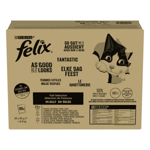 FELIX Tendres Effilés en Gelée - Sélection Mixte Thon, Cabillaud, Saumon, Carrelet - 80x85g