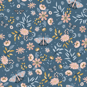 Papier peint floral papillons fond bleu nuit