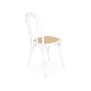 Lot de deux chaises vintage en bois avec assise en rotin et dossier arrondi coloris blanc