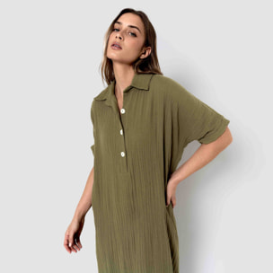 Vestido midi manga fluida muselina verde cacería