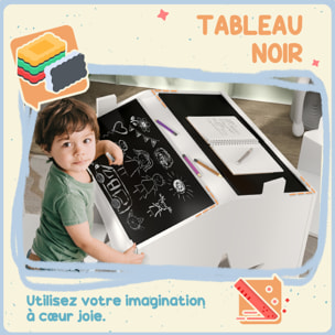 Ensemble 1 table et 2 chaises enfants avec plateau de tableau noir, pieds en pin, pour 3-8 ans, blanc