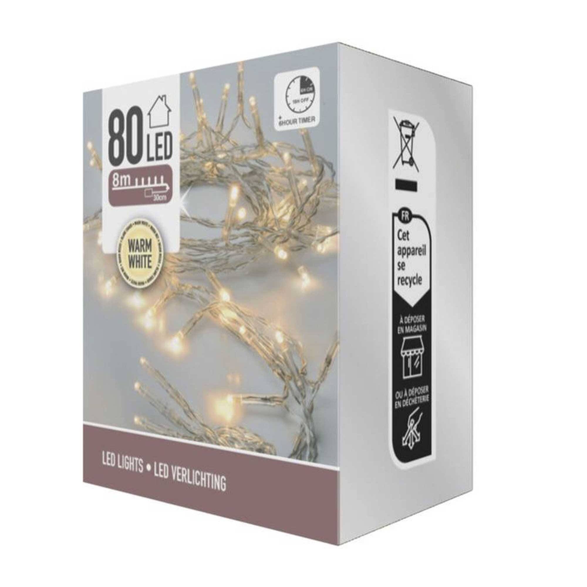 guirnalda con 80 luces led blanco cálido con temporizador y cable transparente