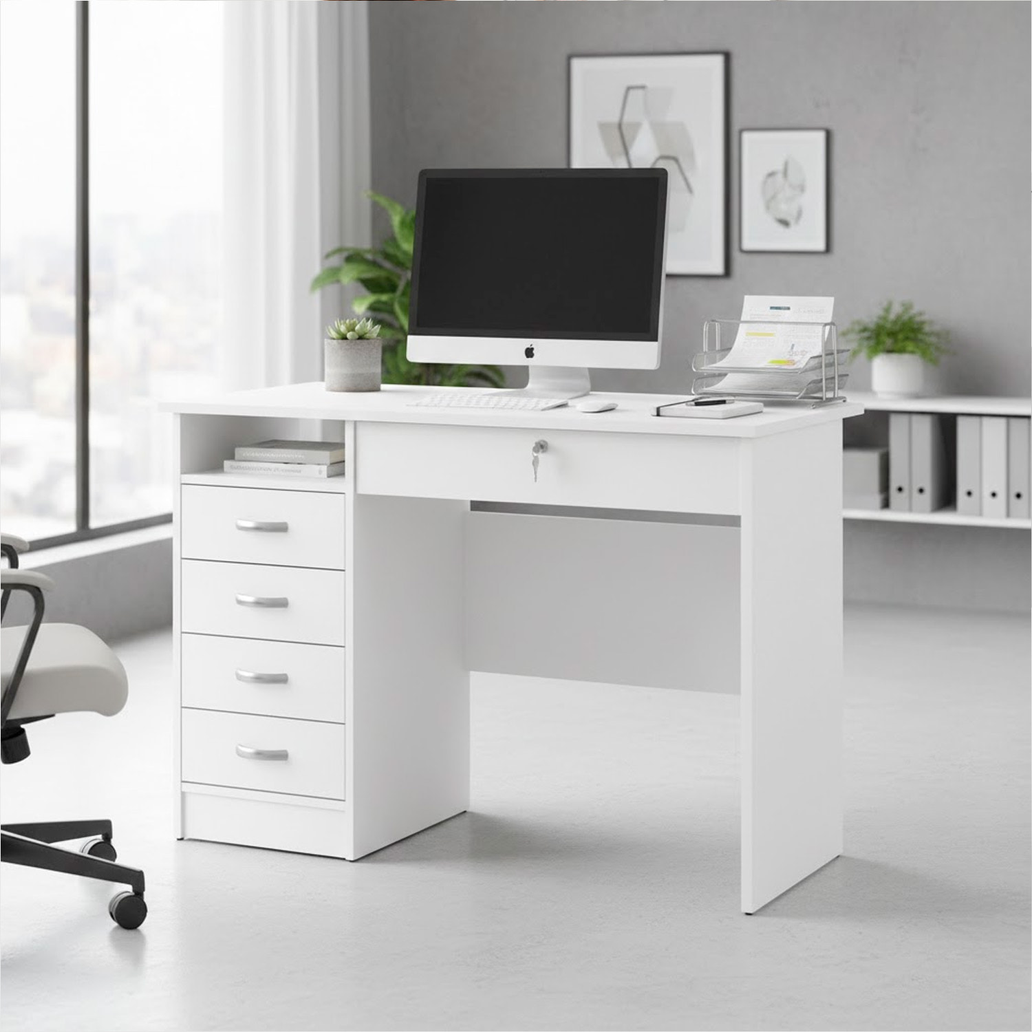 Scrivania Da Ufficio Con 5 Cassetti E Cassetto Con Serratura Desk Moderno Salvaspazio Per Studio Cameretta E Home Office 109.3 x 48.5 x 75.6 Cm Bianco