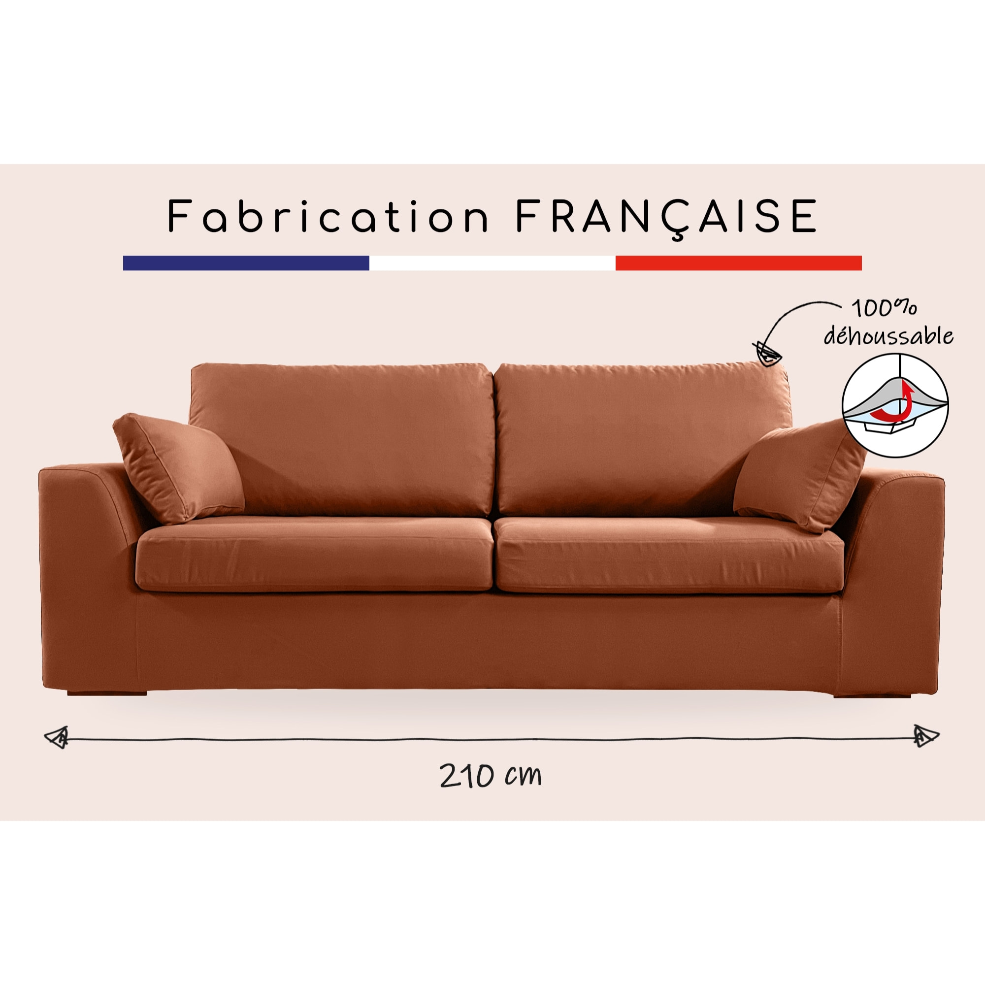 Canapé 4 pl TRESSIN 210 cm fixe tissu coton Terracotta - 100% déhoussable - Fab. France