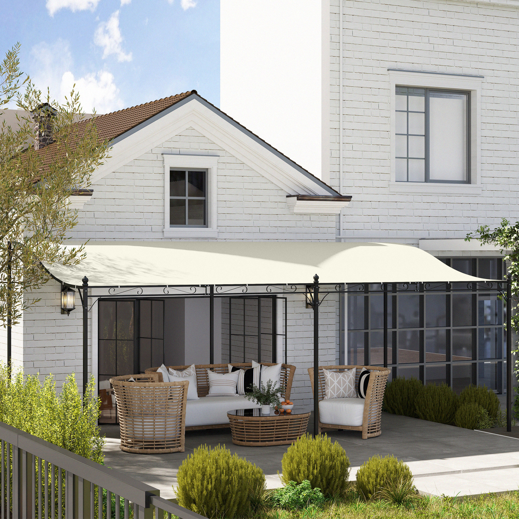 Pérgola de Pared de Jardín 3x6 m, Cenador de Jardín con Techo Inclinado, Orificios de Drenaje y Estructura Metálica, Resistente a la Intemperie, para Patio, Terraza, Balcón, Blanco Crema