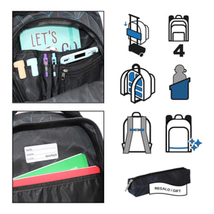 Zaino scolastico con quattro cerniere, pannello imbottito, dettagli riflettenti e compatibile con trolley. 30x16x42 cm.