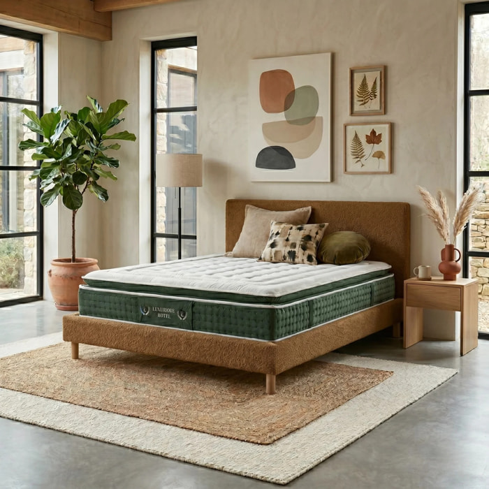 Ensemble matelas Jade & lit fixe Colisée | Mémoire de forme et ressorts ensachés | cadre à lattes | Bouclette | Sable