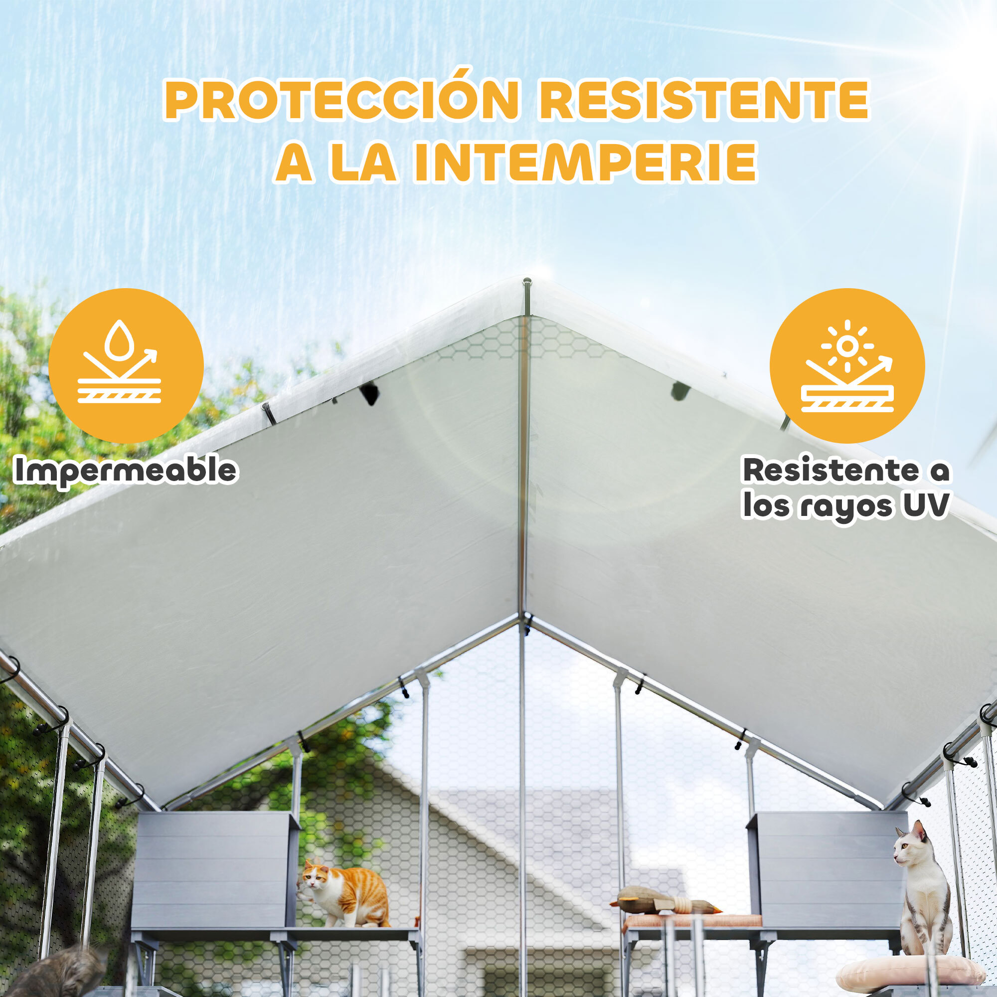 Jaula Grande para Gatos Exterior, Recinto para Gatos con 2 Casitas, 7 Plataformas para Saltar, Cubierta Impermeable y Anti-UV, Parque para 5 Gatitos, Conejos, 240x193x195 cm, Plata