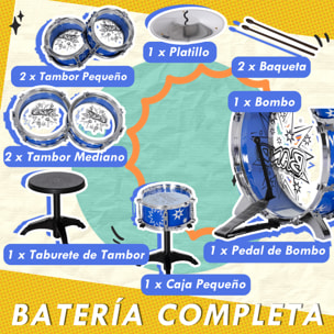 Batería Infantil con Taburete Batería para Niños de +3 Años con Tambores Bombo Platillo Pedal y Baquetas Diseño con Tema de Estrellas 65x22x57 cm Azul