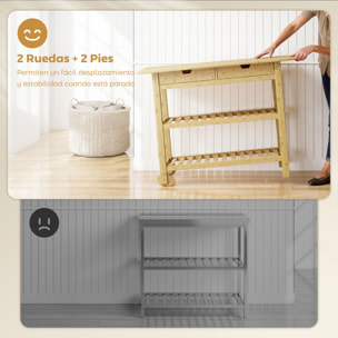 Carrito Auxiliar con Ruedas de Bambú, Carro de Servicio con 2 Cajones, 2 Estantes de Listones, 2 Ruedas, Carrito para Cocina, Restaurante, 100x43x75 cm, Natural