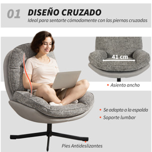 Sillón Giratorio Moderno, Butaca de Salón con Base Cruz, Tapizado en Chenilla y Cuero PU, Asiento Ancho Doble, Patas de Acero y Reposabrazos, Sillón Relax para Sala de Estar, Dormitorio, Gris