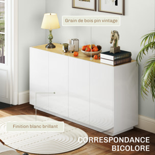 Buffet design contemporain blanc laqué plateau aspect bois clair - dim. 140L x 40l x 75H cm - 4 portes, 2 étagères