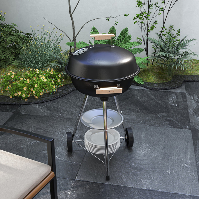 Barbacoa de Carbón Vegetal con Ruedas Parilla de Carbón BBQ Portátil Tapa y Tazón Esmaltados Mangos de Madera 48x56x94 cm para Jardín Exterior Picnic Acampada