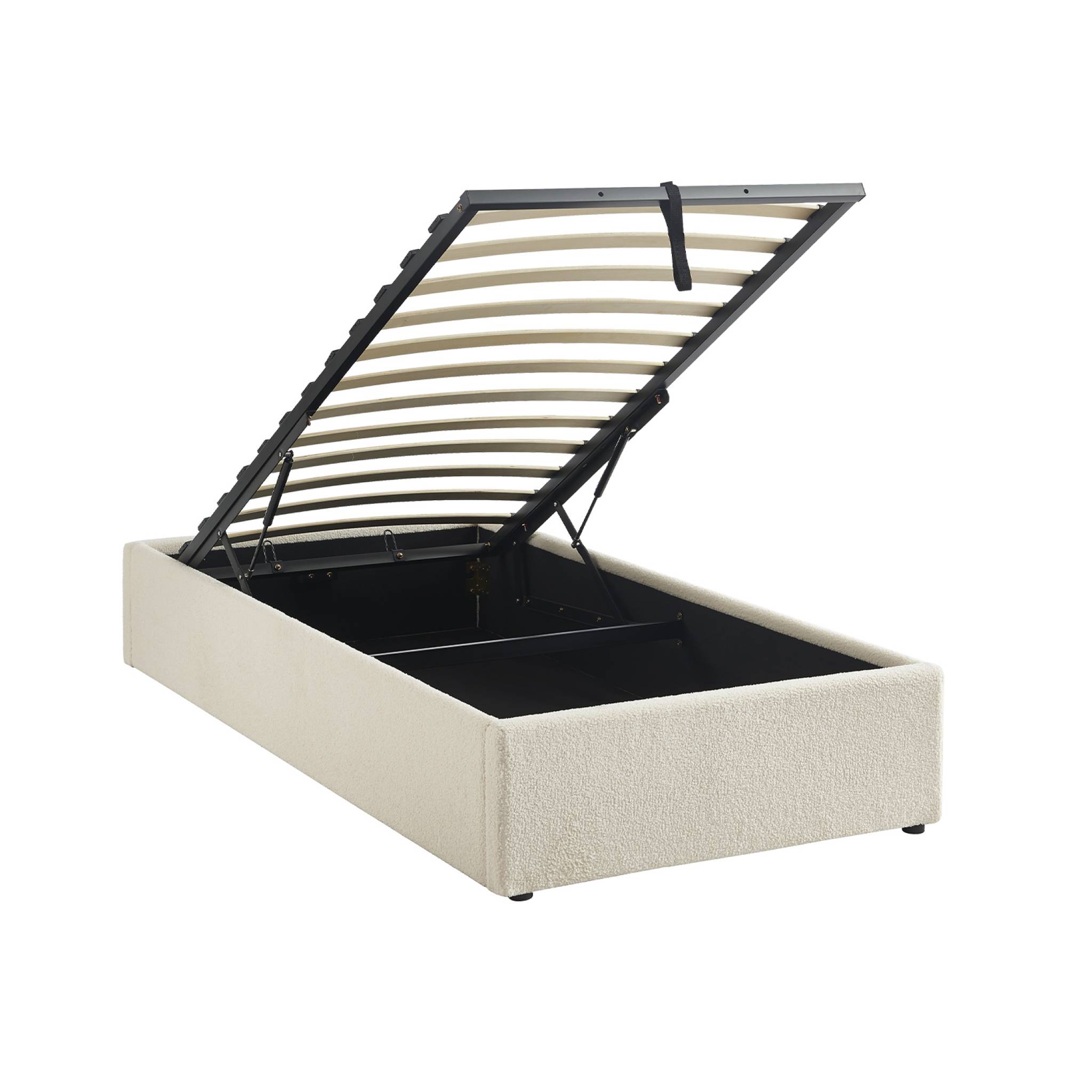 Lit coffre avec sommier à lattes. finition bouclette. blanc. L 203 x P 97 x H 32cm