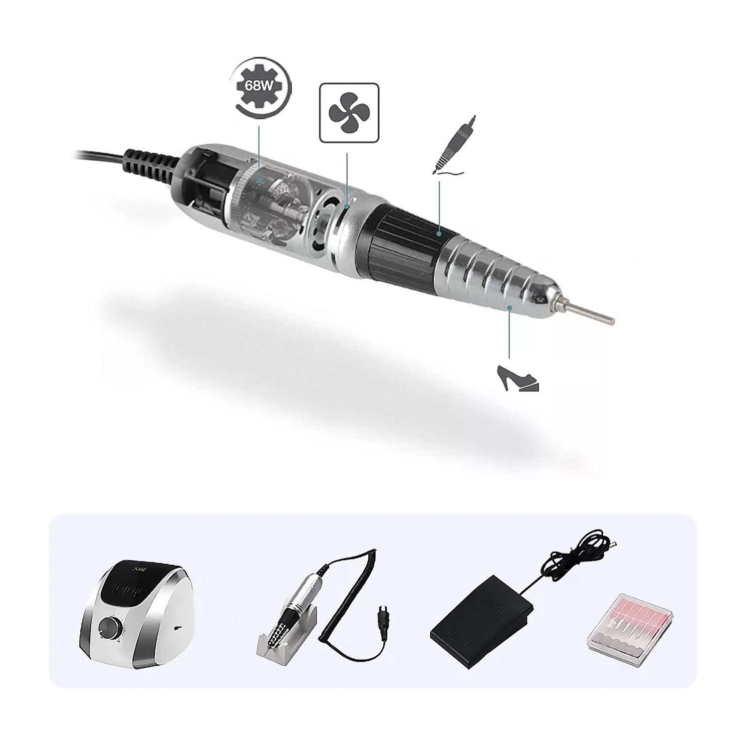 Lucidatore per unghie da 68 W con comando a pedale, fino a 30.000 giri/min. Velocità regolabile. Include 6 teste di lucidatura e 6 lime.