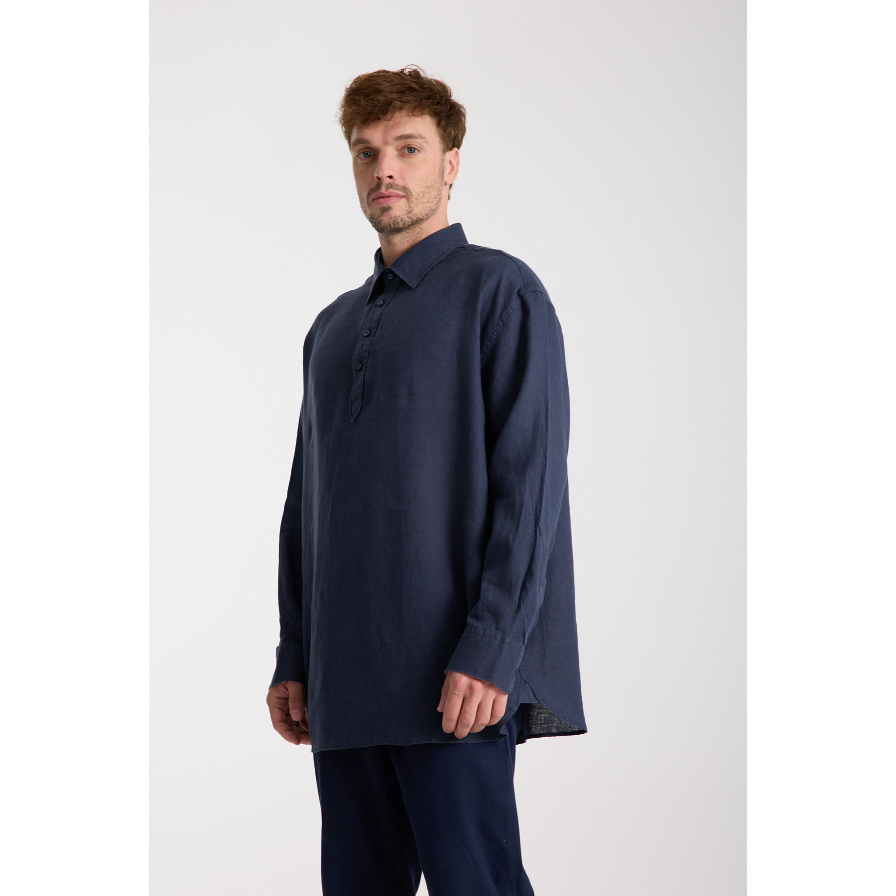 Camicia Uomo 1 Bottone Italiano Lino Unito Blu