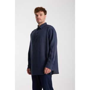 Camicia Uomo 1 Bottone Italiano Lino Unito Blu