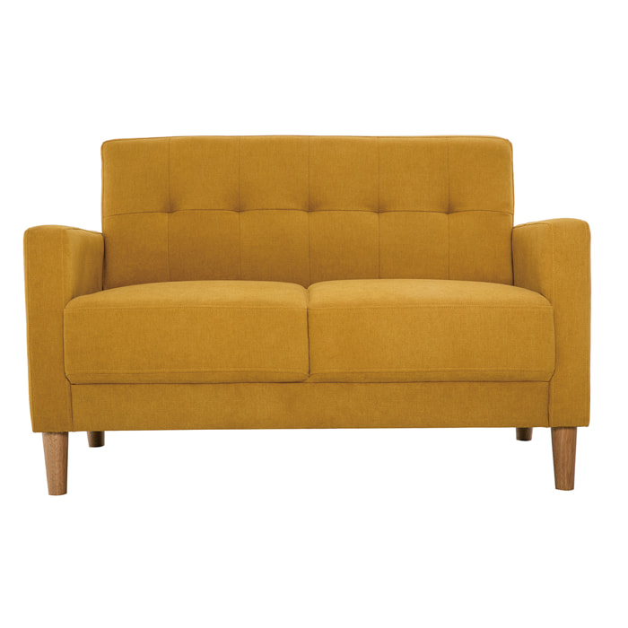 Canapé scandinave 2 places en tissu effet velours jaune moutarde et bois clair MOON