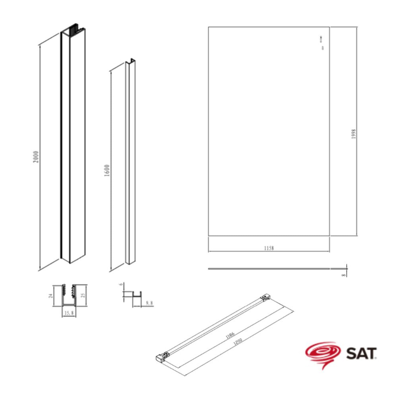 Walk-in 120x200cm Paroi en verre Crystal Glass® 8 mm anticalcaire, avec bras et profilés or (SATBWI120PRZ)