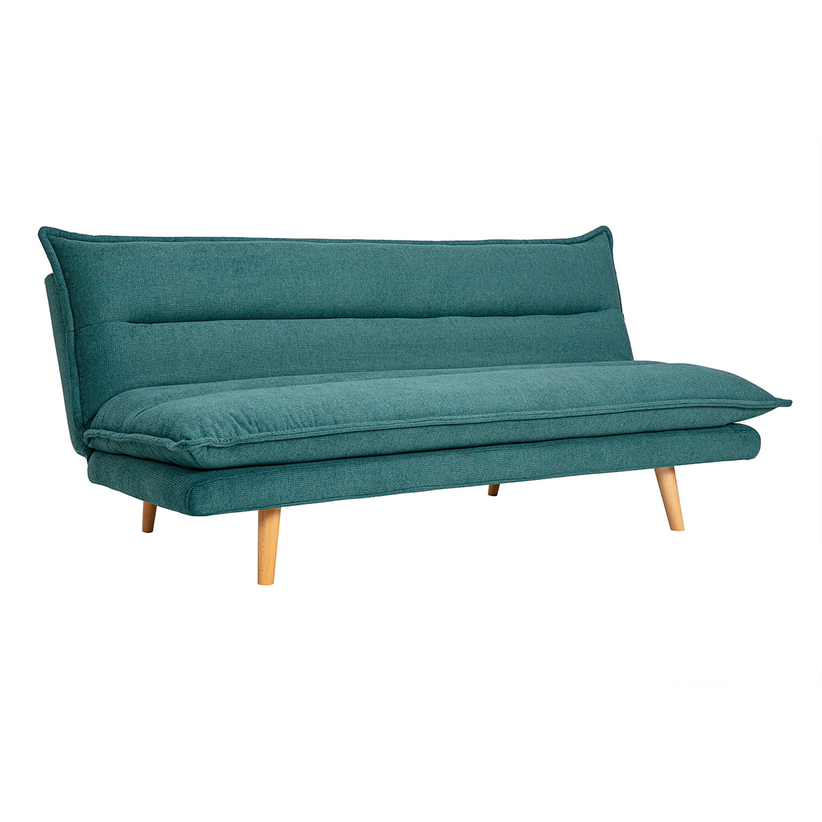 Canapé convertible 3 places en tissu chenille bleu canard et bois clair BINGO