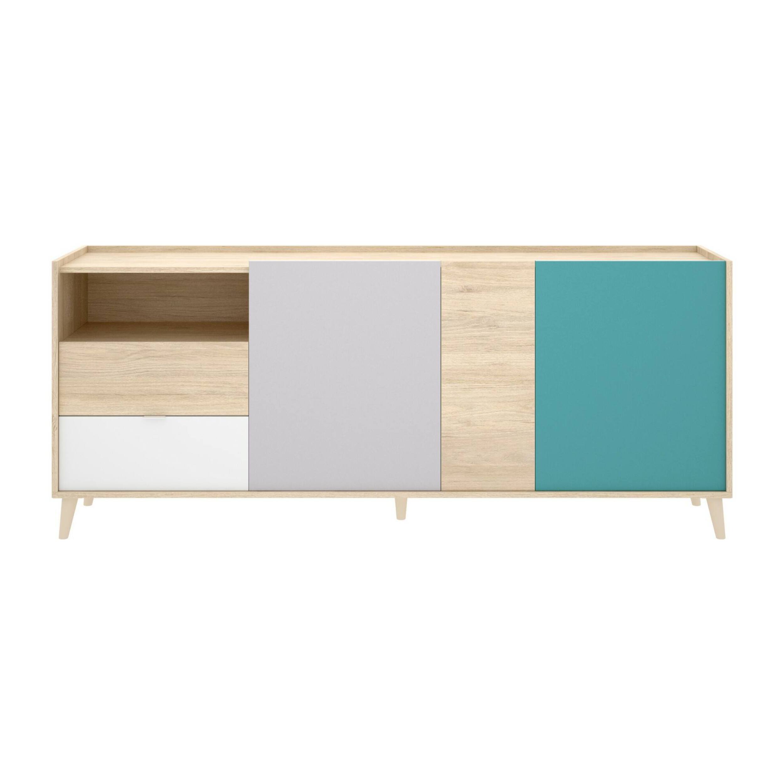 Credenza Marmontana, Buffet da soggiorno, Madia moderna da salotto a 3 ante, 180x43h75 cm, Rovere e Grigio