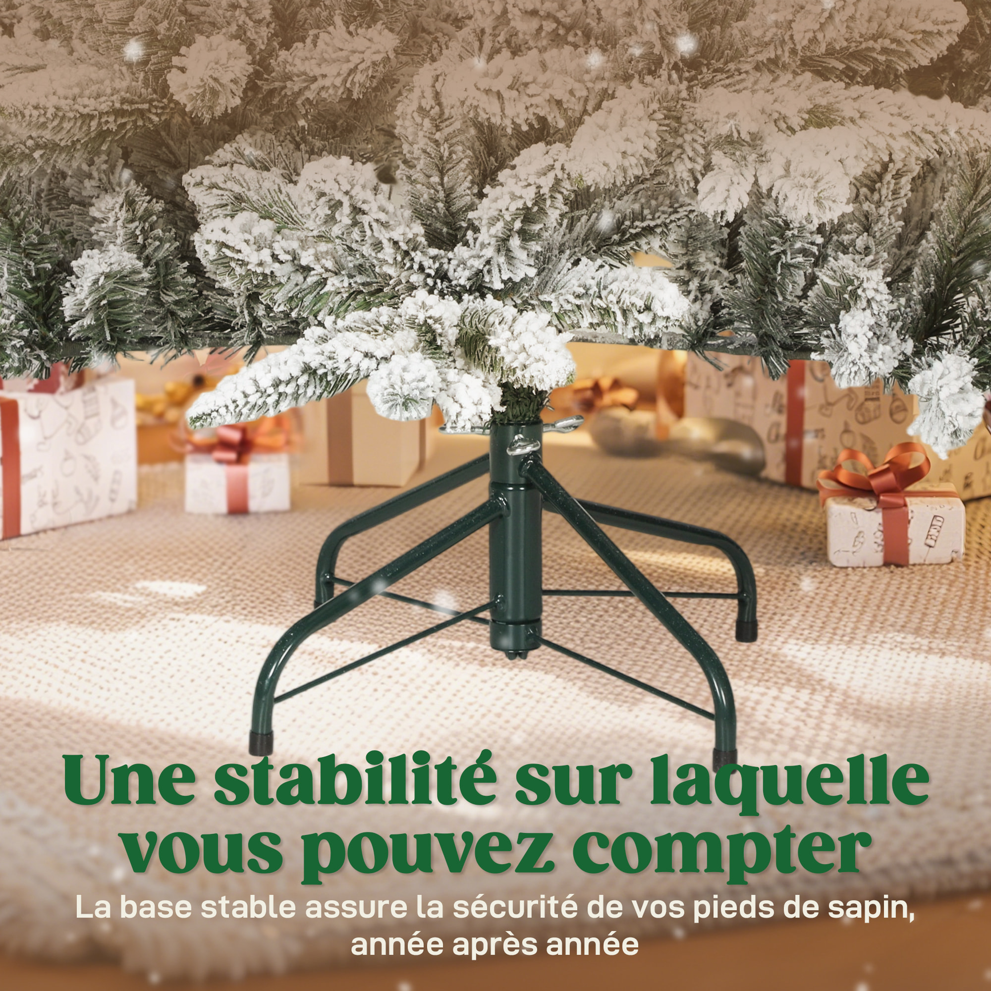 Sapin de Noël artificiel enneigé H.150cm 768 branches grand réalisme support métal pliable vert blanc