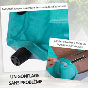 Matelas de camping 2 places autogonflant avec oreillers et sac de transport turquoise marron