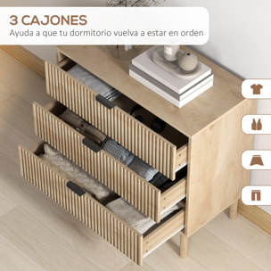 Cómoda con 3 Cajones Cómoda de Dormitorio Estilo Nórdico con Sistema Anti-vuelco Frentes con Paneles Acanalados y Tiradores Metálicos Cajonera para Salón Pasillo 80x40x77,5 cm Roble