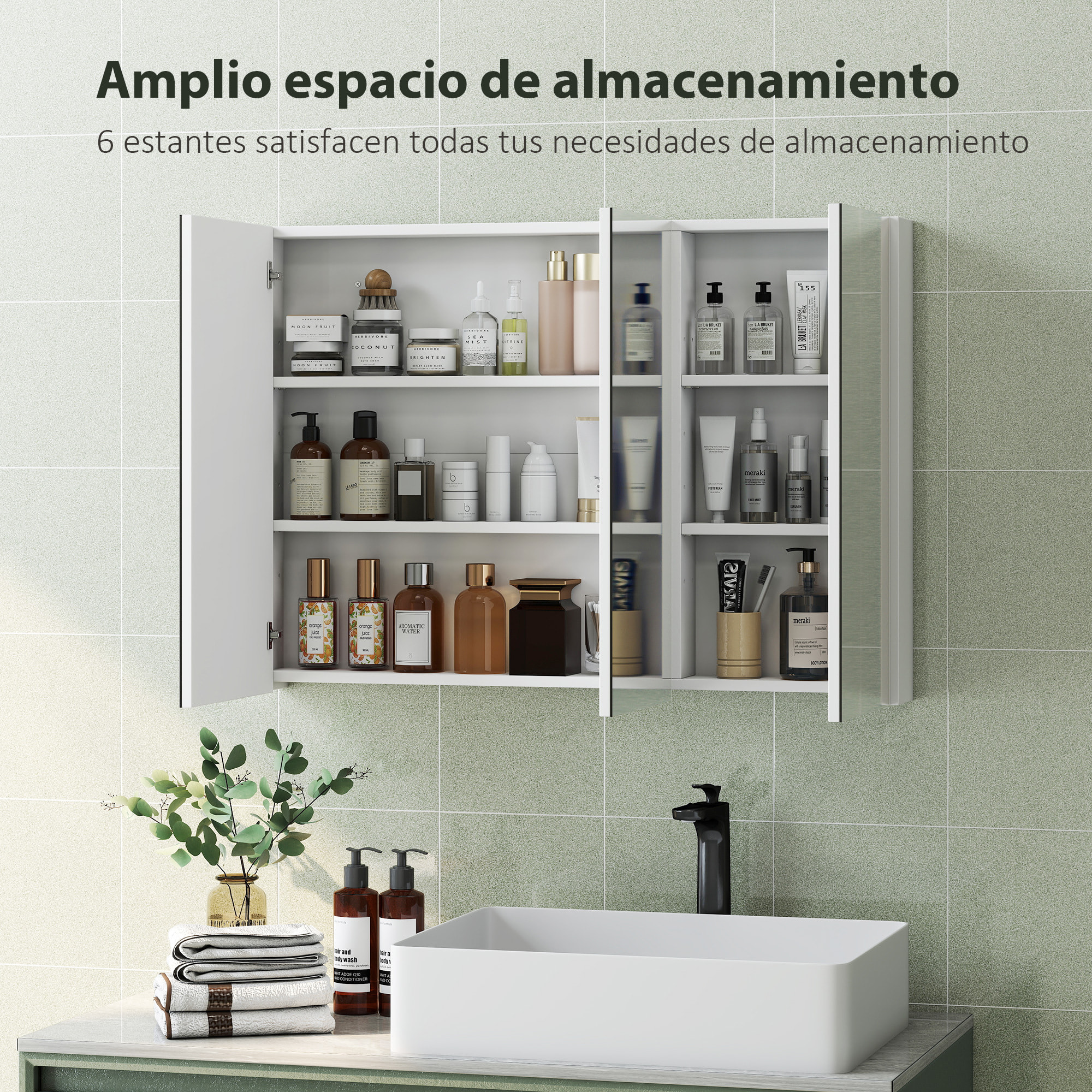 Armario de Baño con Espejo Armario de Pared Mueble de Baño Colgar con 3 Puertas Estantes Ajustables 91,5x11,5x65 cm Blanco