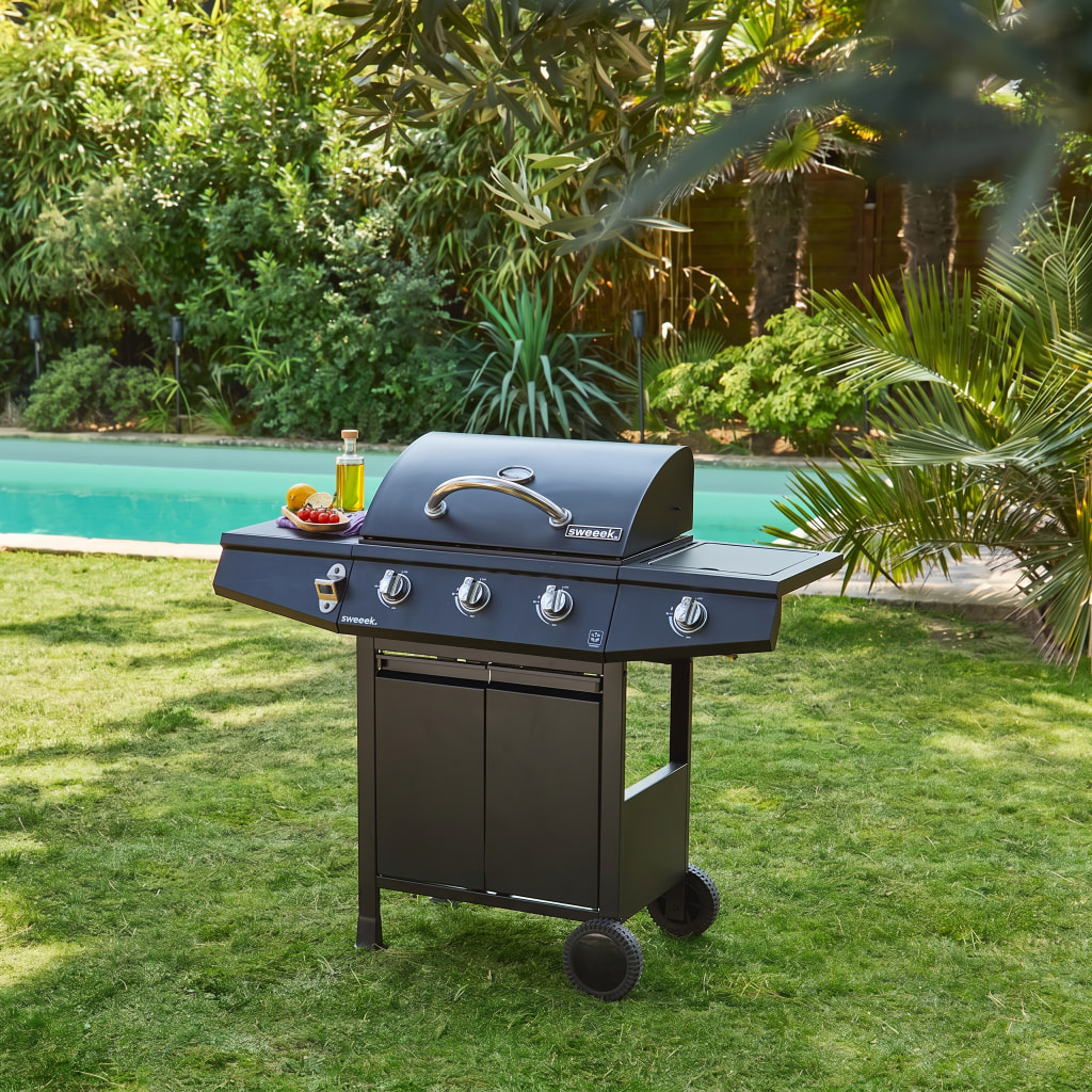 Barbecue gaz 3 brûleurs + 1 feu latéral avec roues, tablettes et thermomètre TREVILLE 3