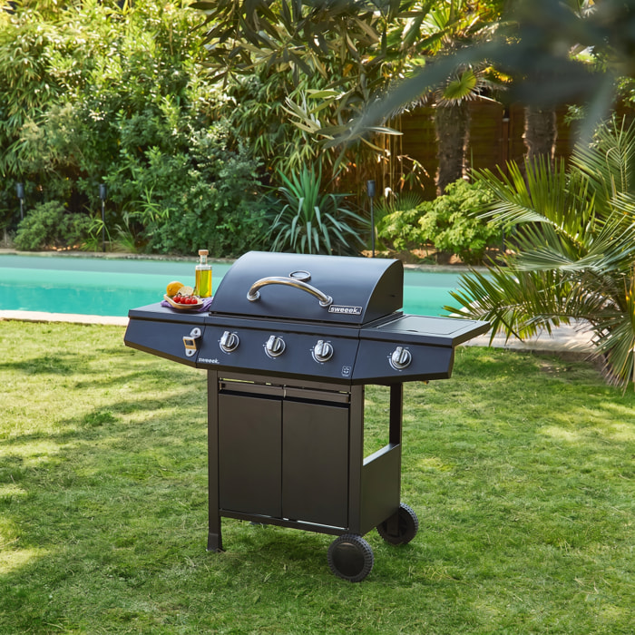 Barbecue gaz 3 brûleurs + 1 feu latéral avec roues, tablettes et thermomètre TREVILLE 3